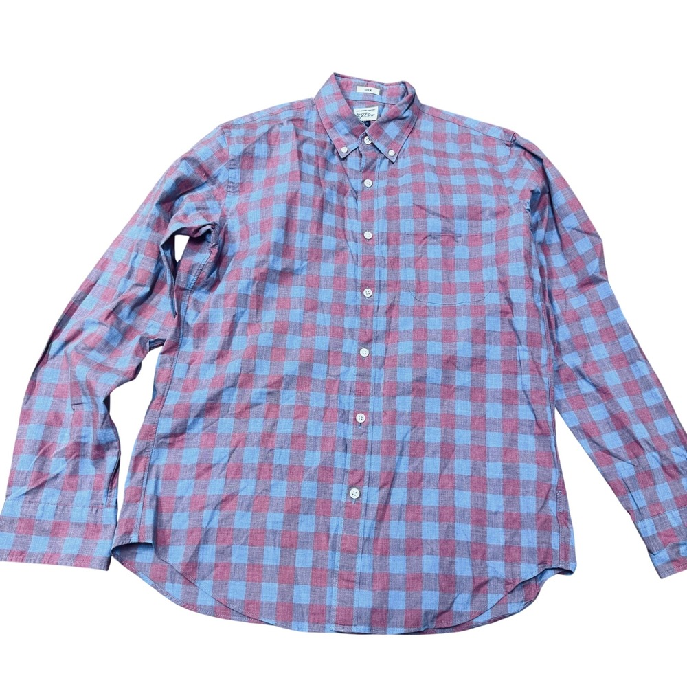 J.Crew Mens Slim Fit Cotton Shirt Pink Blue Buffalo Check Plaid Button Down M